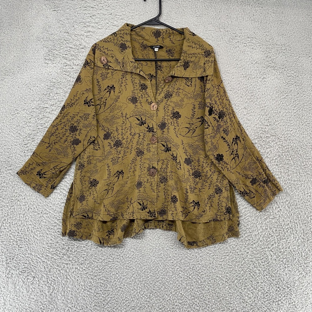 Yasuko Tunic Top Womens S/M Asian Bird Floral Button Front Artsy 100% Cotton